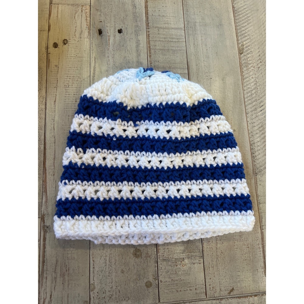 Handmade Crochet Beanie Blue White Striped Winter Hat Starburst Detail Slouchy